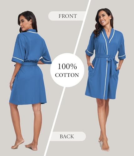 Image of ANLIQI Womens 100% Cotton Robes Lightweight Summer Short Sleeve Lady Bathrobe Knee Length Kimono Robe Sleepwear with Pockets