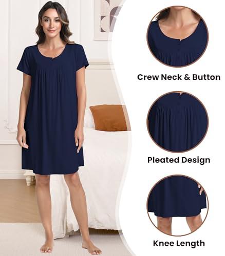 Image of NACHILA Bamboo Viscose Nightgown for Women Short Sleeve Crew Neck Sleepwear