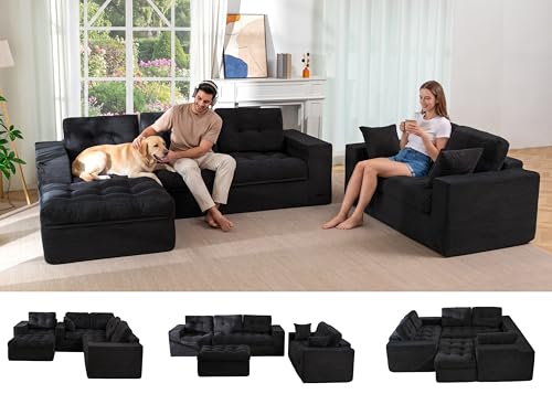 Image of MAXYOYO Modular Sectional Sofa with Ottoman and Loveseat, Cloud Boneless Couch with Layered Cushion, Flexible Module Combination Sofa for Living Room, No Assembly Required,Black