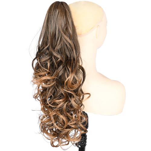 BOBIYA 24 Inches Claw Clip in Loose Curly Synthetic Wrap Around Ponytail Extensions Pony Tail Clip In Extensions (Dark Brown to Medium Brown) - Image 2
