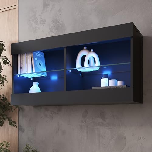 Komodee Tivoli Horizontal 100 Vetrina Sospesa, Nero/Nero, Illuminazione LED Blu, Larghezza 100 cm x Altezza 50 cm x Profondità 29 cm, Per Soggiorno, Sala Da Pranzo