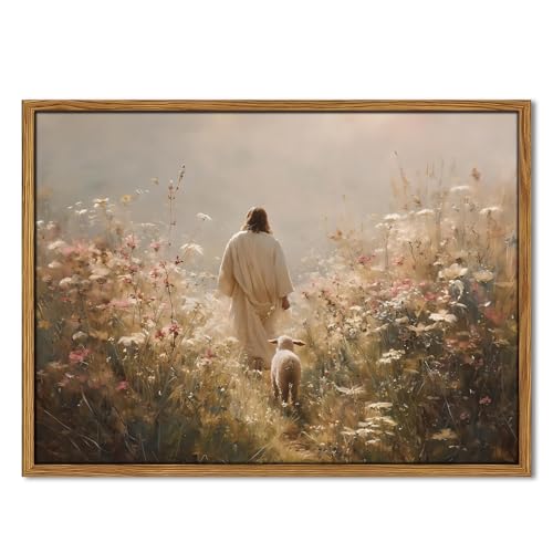Jesus Leaves the 99 Sheep Wall Art, Christian Jesus and Lamb Pictures Wall Decor Paintings, The Lost Sheep Canvas Prints Religious Home Decor Living Room Bedroom Church Wood Framed 16x24 inch by PXYSPMVP - Used condition - US$33.29