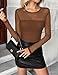 Zeagoo Ladies Blouses and Tops Sheer Mesh Long Sleeve Shirt Crew Neck Trendy Ruched Clothes Fall Fashion Concert Outfit Brown