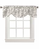 Farmhouse Light Grey Floral Tie Up Valances for Windows, Linen Boho Paisley Flower Rustic Rod Pocket Tie-up Valance Curtains, Adjustable Short Window Treatment for Kitchen Living Room Bathroom 60”x18”