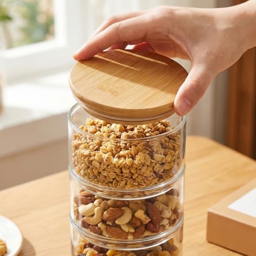 Image of DOITOOL Airtight Glass Storage Canister with Lids: 4-Tier Stackable Round Food Storage Container Kitchen and Pantry Organization Canisters for Cereal, Tea, Nuts, Fruit & Snacks - 4.3 inch x 4.3 inch x 8.6 inch