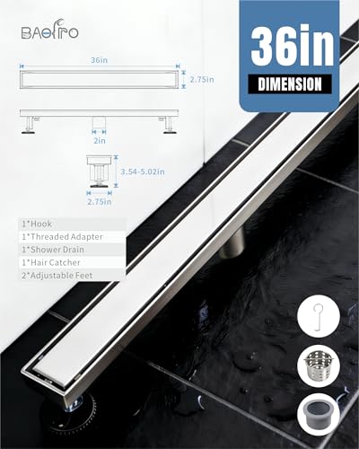 Image of 36 Inch Brushed Stainless Steel Linear Shower Drain | CUPC Certified 2-in-1 Tile Insert for Curbless Showers. 304 Steel, 15.8GPM Flow. Includes Hair Catcher & Adjustable Feet.