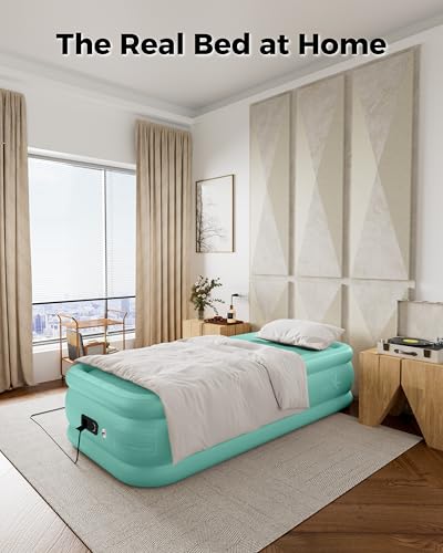 Image of Twin Air Mattress with Built in Pump, Single Blow up Air Bed with Portable Storage Bag, Suitable for Home and Guests, Top Flocking, 18 inch Turquoise Green