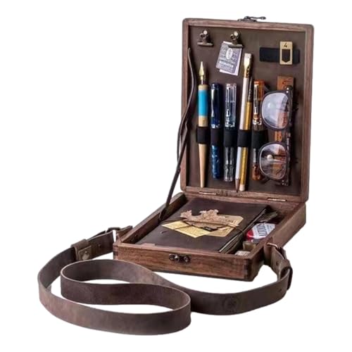 Writers Travel Box - Organizador de escritura portátil de madera, almacenamiento de artículos de papelería compacto, estuche de madera con tapa de cierre y asa | Juego de creativos para autores,