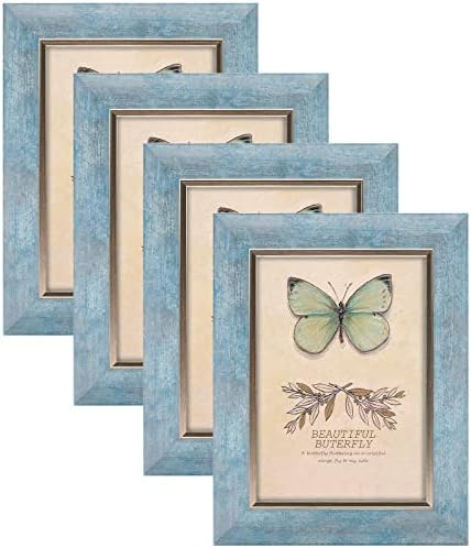 XUANLUO Picture Frames Set Rustic Retro Photo Frame with Tempered Glass Wall Mount and Tabletop Display Family Friends Wedding Gift (5 x 7 inch, Blue-4pcs)