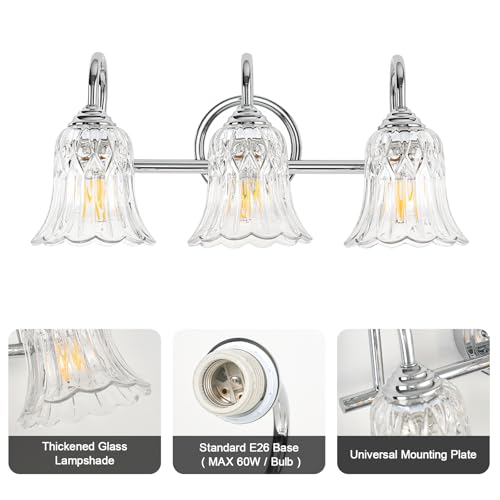 Image of Bathroom Light Fixtures Over Mirror, 3 Lights Vanity Lights with Flower Glass Shade, 18.9 inch Chrome Vintage Bathroom Light Fixtures for Bedroom, Porch, Hotel, Mirror Cabinet