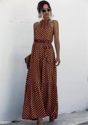 Robe longue d'été avec taille ceinturée et dos nu à col haut