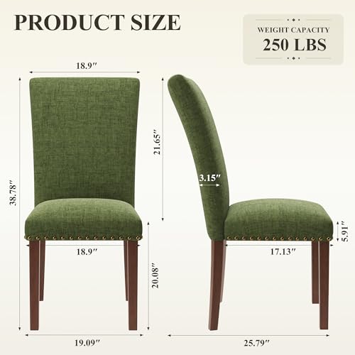 Image of COLAMY Upholstered Parsons Dining Chairs Set of 2, Fabric Dining Room Kitchen Side Chair with Nailhead Trim and Wood Legs - Green
