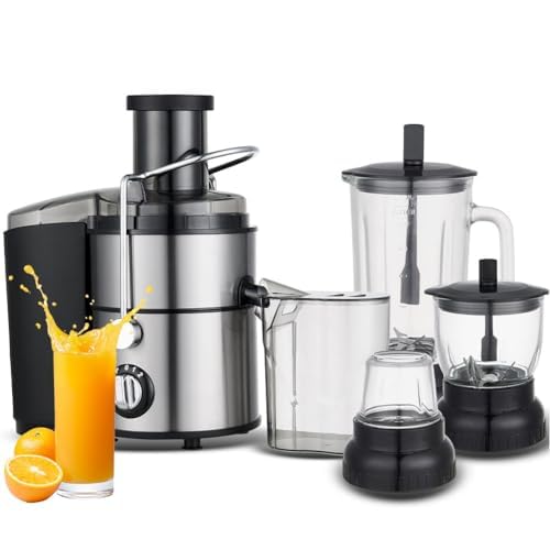 Exprimidor y licuadora 4 en 1, extractor de jugo de cítricos eléctrico de 1000 W con 2 configuraciones de velocidad, exprimidor de frutas y batidora con conducto de alimentación de 65 mm, para frutas