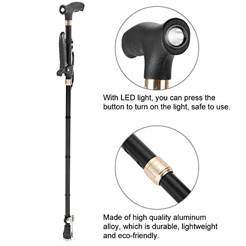 Bastón Plegable, Bastón Plegable Muleta para Bastón Ciego con Guía para Bastón Plegable para Personas Mayores en Aleación de Aluminio con Luz LED