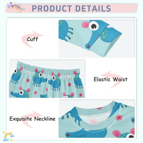 Pajama Sets Long Sleeve Blue Creatures Pig with Flowers Soft Comfy Sleepwear 2 Piece PJS 3-8T4