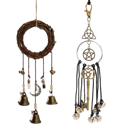 2 Pieces Witch Bells for Door Knob Witch Wind Chimes Hanger Protection Witchcraft Supplies Witchy Things Magic Witching Bell Wreath Decor for Home Door Room (Black-New)
