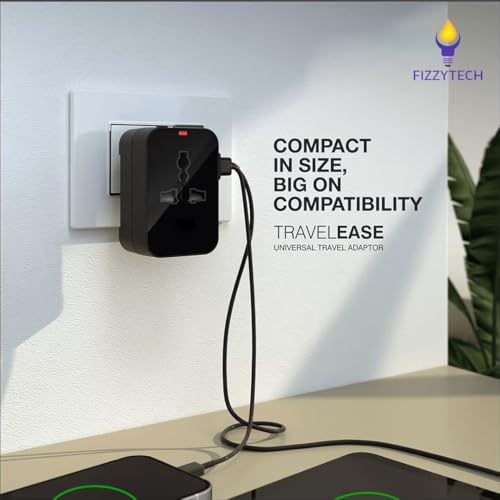 Image of fizzytech Universal Travel Adapter with 6A AC Socket | International All-in-One Plug for 180+ Countries (US, UK, EU, AUS) | Universal AC Converter for Mobile, Laptop & Gadgets -Black