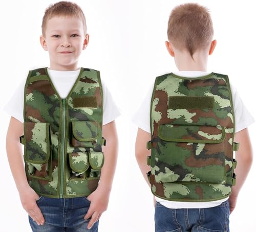 Taktische Weste für Kinder, Outdoor, Kampfweste, verstellbar, atmungsaktiv, mit Halbfinger-Handschuhen, grün, One size