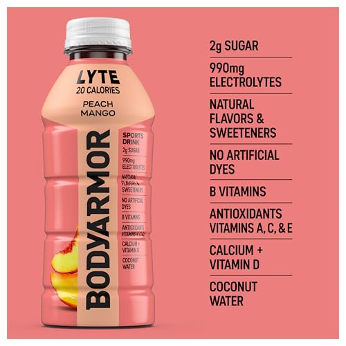 Image of BODYARMOR LYTE, Peach Mango, Electrolyte Drink, 20 Calories, 16 Fl Oz Bottles (6 Pack), Coconut Water Sports Drink, Natural Flavor & B Vitamins