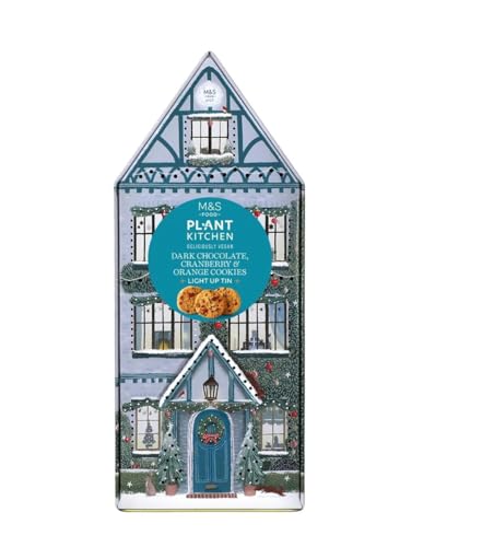 M&S Plant Kitchen Dark Chocolate, Cranberry & Orange Cookies, Vegan Holiday House Tin, Deliciously Vegan