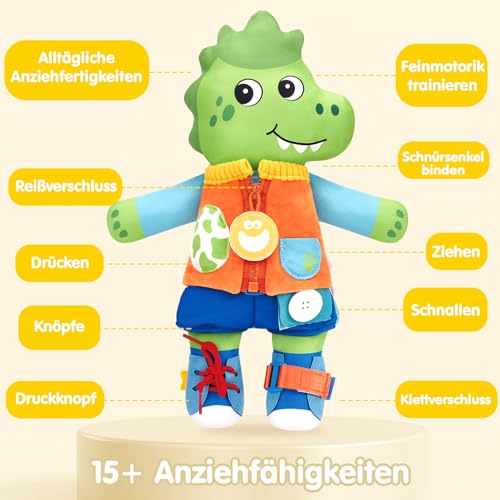 hahaland Montessori Spielzeug ab 1 2 3 4 Jahr, Dino-Einhorn Doppelpuppe mit 15 Alltagsfähigkeiten wie Klett, Knöpfe, Baby Motorikspielzeug als Geschenke für 12 Monate alte Kinder, Jungen Mädchen
