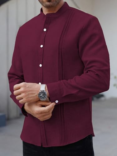Image of TAGDO Men's Mandarin Collar with Button-Down Shirts | Full Sleeve Linen Casual Shirt for Man | Stylish Summer - Regular Fit Office, Party (2047)