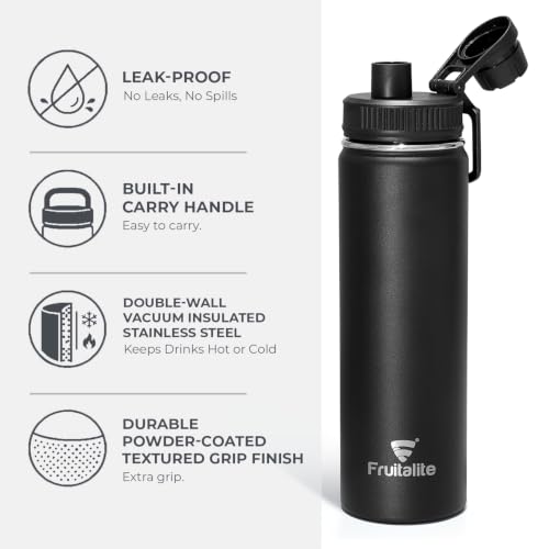 Image of Fruitalite Thermosteel Insulated Fruit Infuser Water Bottle- 700ml with Screw /Spout Lid, Steel Infusion Rod, Infused Detox Recipe eBook, Double-Wall Vacuum Stainless Steel Bottle- Black