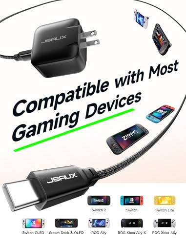 Jsaux 65w usb c charger for nintendo switch 2 tv mode power supply with euuk plugs and 2m cable gan pd fast charging for steam deck rog ally galaxy pixel iphone 1516 macbook ipad