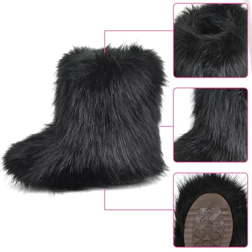 Image of Fashion Fur Boots,Flat Heel Comfy Plush Warm Snow Booties,2025 Winter Outdoors Furry Boots,Mid-Calf Faux fur Boot for Women.