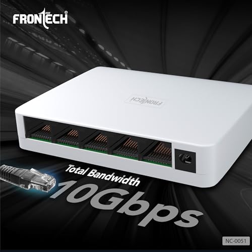 Image of Frontech 5-Port Gigabit Ethernet Switch | High-Speed 10Gbps Bandwidth | Plug & Play LAN Hub for Router, Computer, Gaming Console, Printer & IP Camera | 100m Transmission Distance | White (NC-0051)