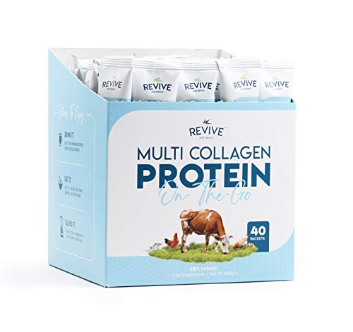 Multi Collagen Protein Powder Packets - Types I II III V & X - Hydrolyzed Grass Fed Bovine Wild Caught Fish & Free-Range Chicken & Eggshell Collagen (10g Each 40 Packets) by Revive Naturals