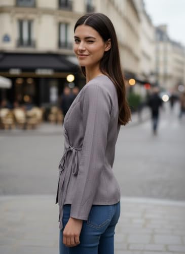 Image of Women's Cotton Tops | Casual Wrap V Neck Top | Long Sleeve Textured Side Tie Shirt | Elegant Slim Fit Crossover Tunic | Stylish Office Wear & Trendy Streetwear Apparel(38-K-1-4)