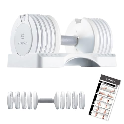 Image of BYZOOM FITNESS Pure Series Adjustable Dumbbell - 12.5 /25 /27.5 /50 /55 /75lb - ONE UNIT OR PAIR(check QTY before purchase) - 5-in-1 / 10-in-1 / 15-in-1 / 21-in-1 Flexible Hand Weights for Home Apartment Garage Gym, Strength Training & Fitness Workouts, White OR Black