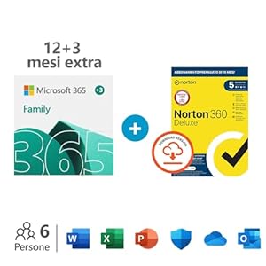 Microsoft 365 Family – Fino a 6 persone – Per PC/Mac/tablet/cellulari Abbonamento di 12 + 3 mesi – codice via email + Norton 360 Deluxe – 5 dispositivI – abbonamento 15 mesi – codice via email