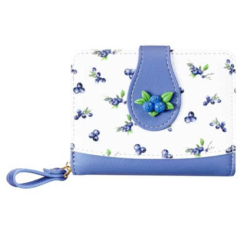 Cute Print Wallet Blueberry Strawberry Cherry Wallet with Credit Card Slot Zipper Coin Pocket for Women Girls (PURPLE)