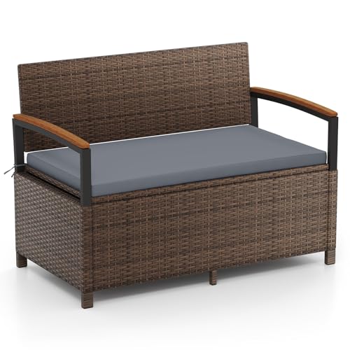 COSTWAY Banco de Almacenamiento Exterior Ratán, 175 L Baúl para Terraza con Cojín, Respaldo y Reposabrazos de Madera de Acacia, Sofá de Mimbre PE con Almacenamiento Oculto y Bolsa Impermeable (Gris)