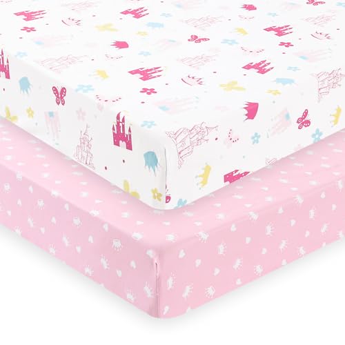 Image of PHF Soft Crib Sheet Fitted, 2 Pack Baby Sheets for Boys Girls, 28x52x9in Fits Standard Crib and Toddler Mattresses, Silky Comfy Breathable Polyester Baby Mattress Sheets, Castle