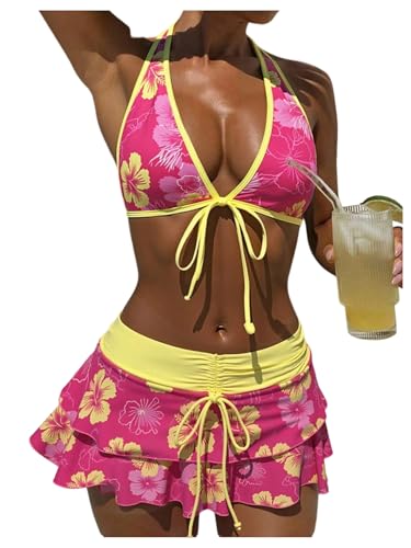 Verdusa Womens 3 Piece Boho Floral Halter Bikini Set Tie Back Swimsuit with Cover Up Skirt Vacation Outfits Hot Pink and Yellow Small