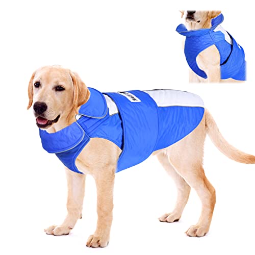 SelfLove Abrigo cálido para perros pequeños y medianos grandes, chaqueta para perros de algodón forrado, resistente al viento para invierno, diseño de rayas reflectantes (XXL, azul y blanco) Cover