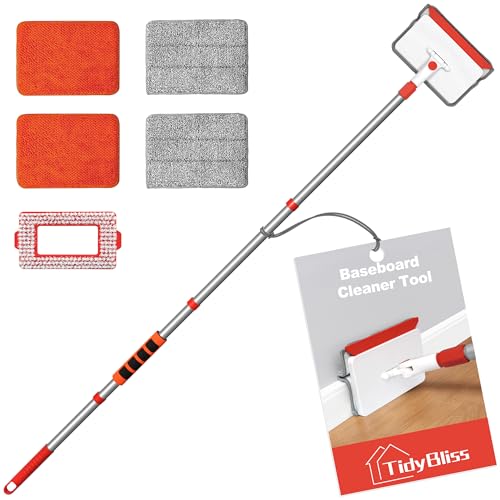 TidyBliss Vadrouille de Nettoyage avec Poignée, 142 cm Télescopique Vadrouille de Nettoyage, 4 Tampons Réutilisables, 1 Brosse à Récurer à Poils Rigides pour Plancher Fenêtre Salle de Bain (Rouge)