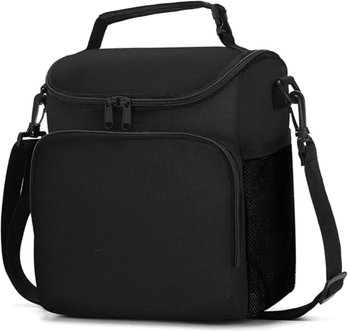 Image of Nylon Insulated Lunch Bag with Shoulder Strap, Large Capacity, Dual Compartment, Black (Black), 11 Liters