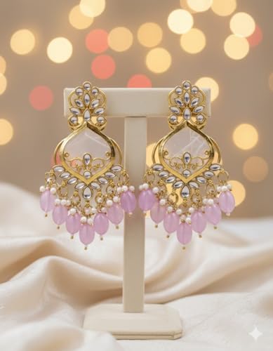 Image of Traditional 20K Gold Plated Kundan Chandbali Earrings with Black Beads and Faux Pearls for Women - Ethnic Wedding & Partyy Wear Statement Jewelry