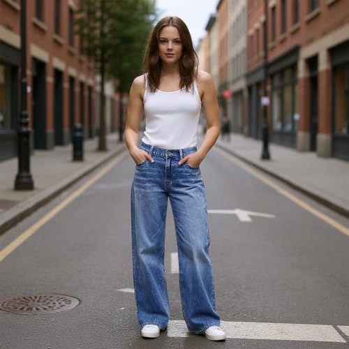 Mid Rise Jeans for Women Trendy Stretch Wide Leg Mom Jeans Y2k Baggy Long Trouser Jean Denim Cowgirl Pants3