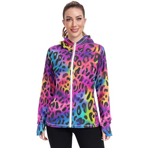 UMIRIKO Colorful Leopard Print Pattern Women's UPF 50+ Sun Protection Jacket Hoodie Rash Guard Shirt with Pockets M 202a3496