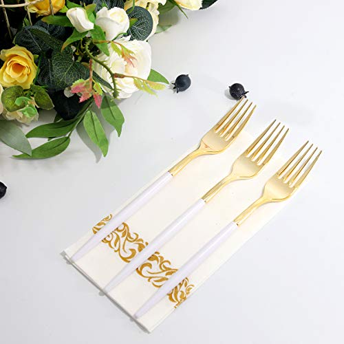 I00000 144 Gold Plastic Forks, Disposable Gold Flatware With White Handle, Look Like Gold Cutlery For Party Wedding #TOP2