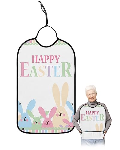 Spring Easter Adult Bibs for Eating, Waterproof Bibs with Food Catcher & Adjustable Snap Closure, Colorful Stripe Bunny Happy Easter Washable Clothing Protectors Adult Bibs for Elderly Women/Men