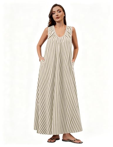 Image of OLAPTA Women Summer Sleeveless Maxi Dress Scoop Neck Ruched Loose Fit Casual Elegant Solid Vacation Long Dress with Pockets