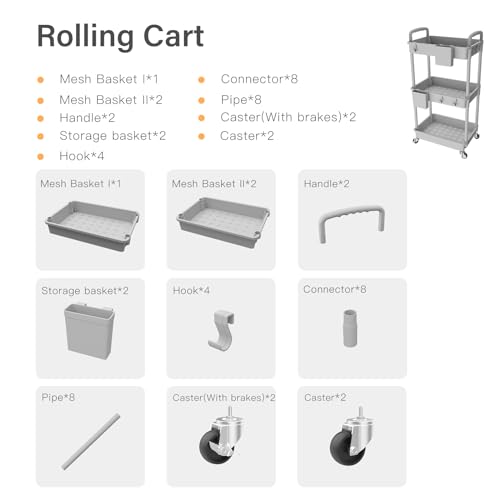 Image of 3 Tier Rolling Utility Cart with Handle,REBECAT Utility Cart Made of Multifunctional Storage Organizer Tool for Kitchen,Bathroom,Living Room,Office(Gray)