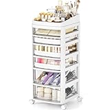 Rolling Cart with 6 Drawers, Clear Plastic Drawer Organizers, Dust Proof Under Desk Storage for Makeup, Skincare, Art Crafts and Baby Items, Acrylic Cosmetic Organizer with Dividers, Vanity Cart