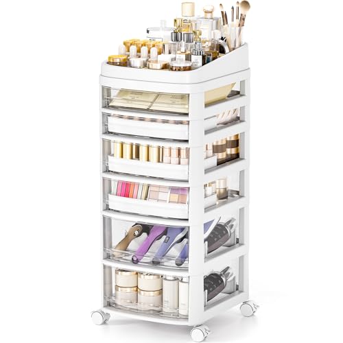 Rolling Cart with 6 Drawers, Clear Plastic Drawer Organizers, Dust